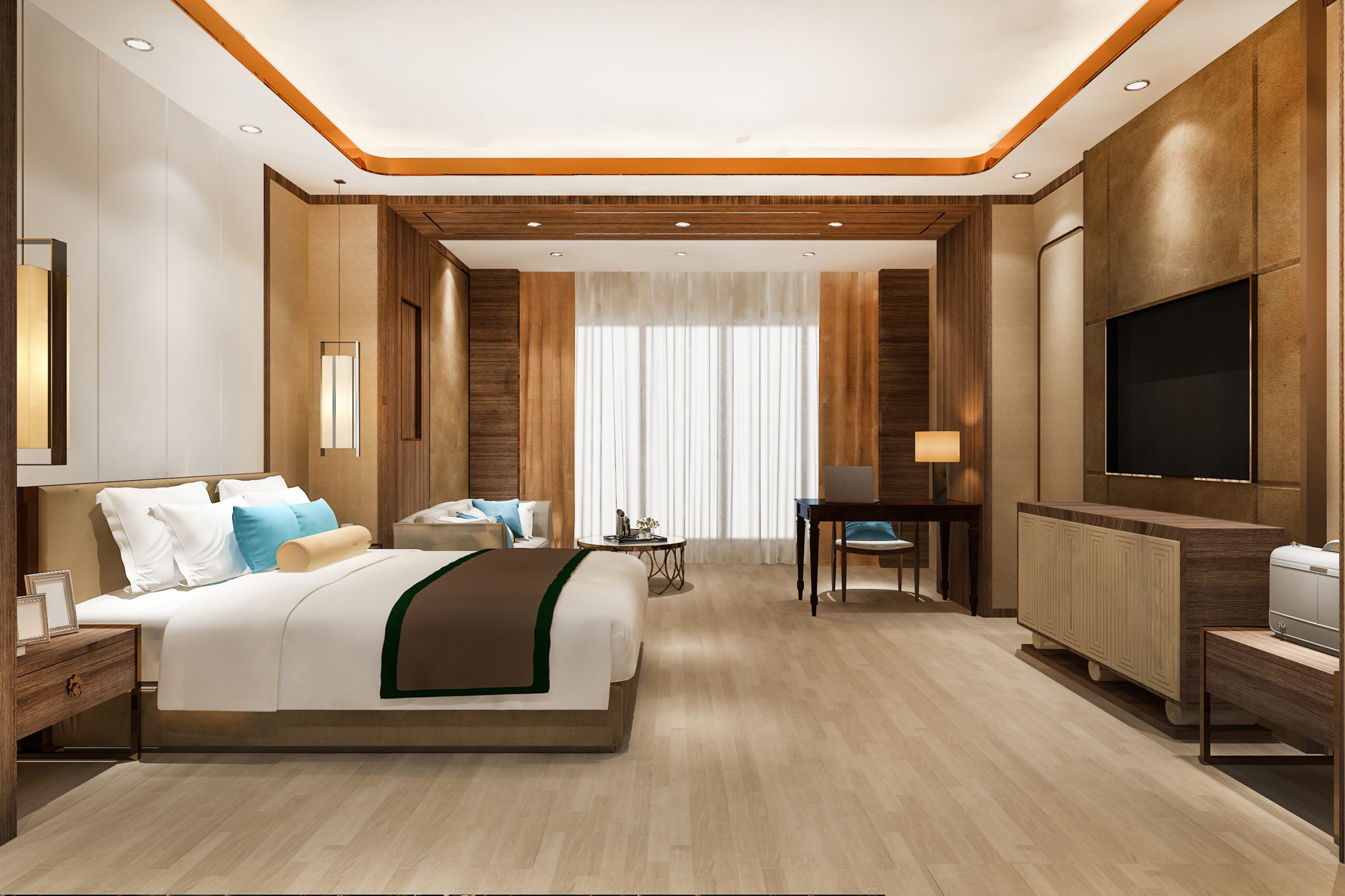 3d rendering beautiful luxury bedroom suite in hotel with tv and working table