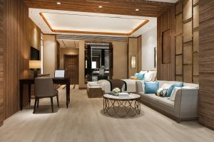 3d rendering beautiful luxury bedroom suite in hotel with tv and working table